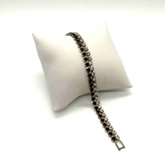 Vintage Tennis Bracelet With Black & Clear Rhinestones Silver Tone 6.5 Inches Lo - Picture 3 of 11